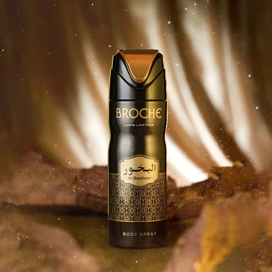 Broche Premium Body Spray Al-Bakhoor in 200ml Center Placed on a Floor surrounded by Rocks