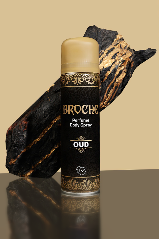 broche-body-spray-oud-150ml-aluminum-bottle-with-beautiful-artwork-and-natural-background