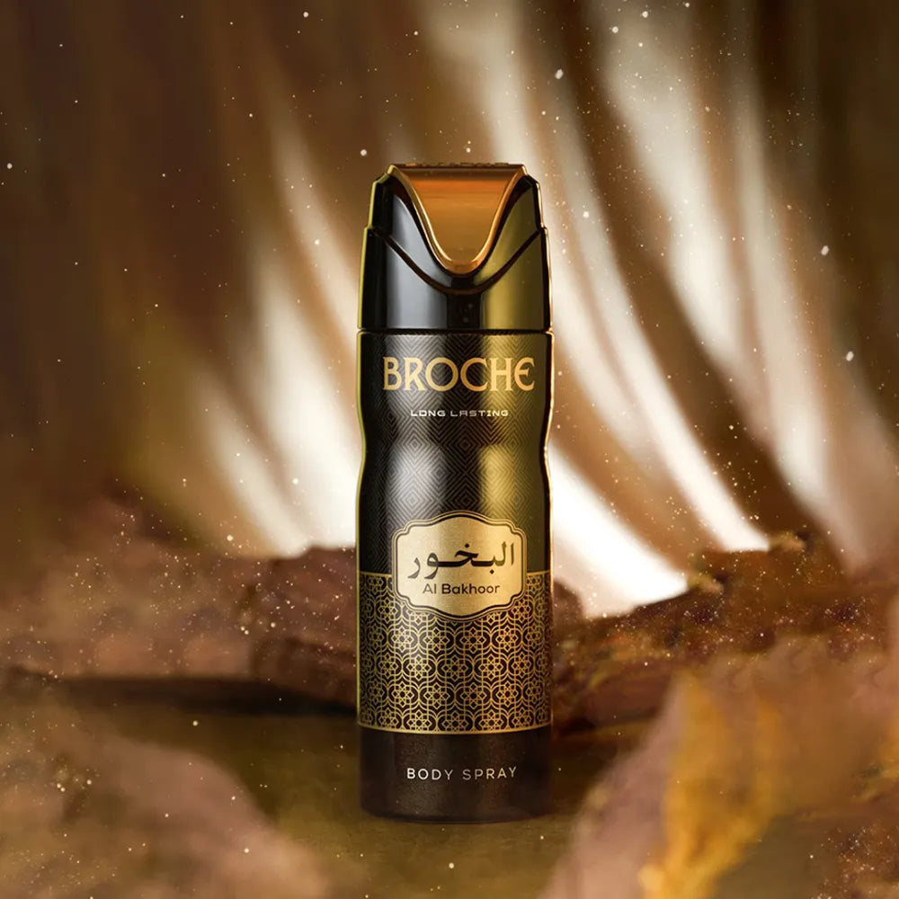 Broche Premium Body Spray Al-Bakhoor in 200ml Center Placed on a Floor surrounded by Rocks