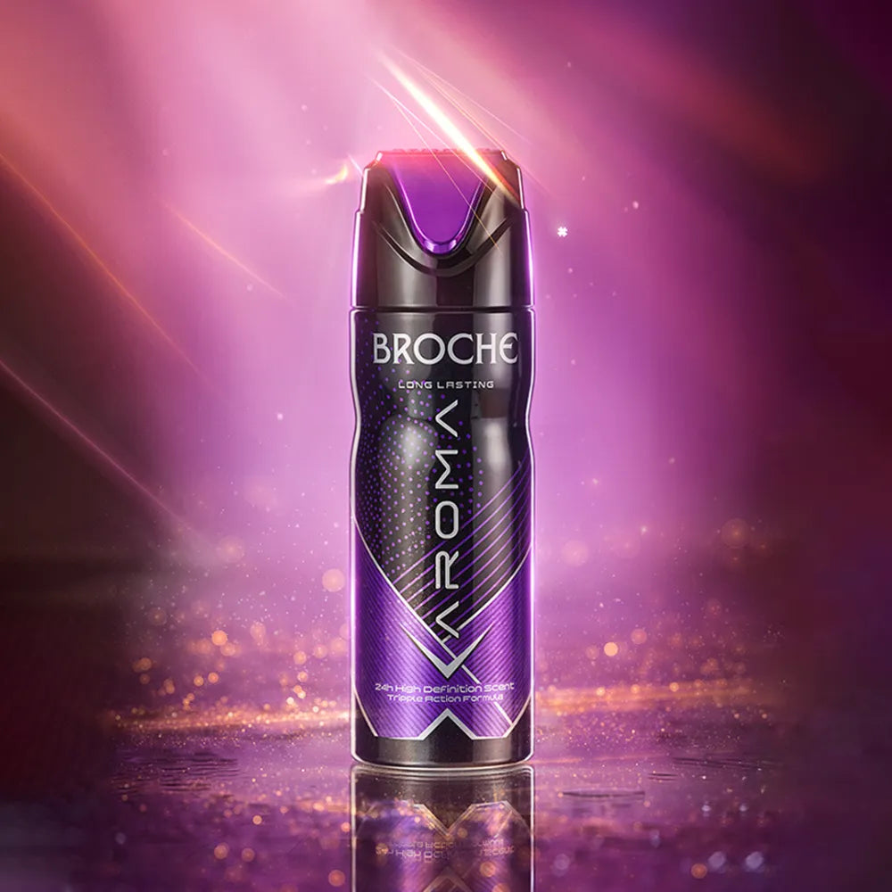 Broche Premium Body Spray Aroma in 200ml Center Placed With Purple Lightening coming our from the background