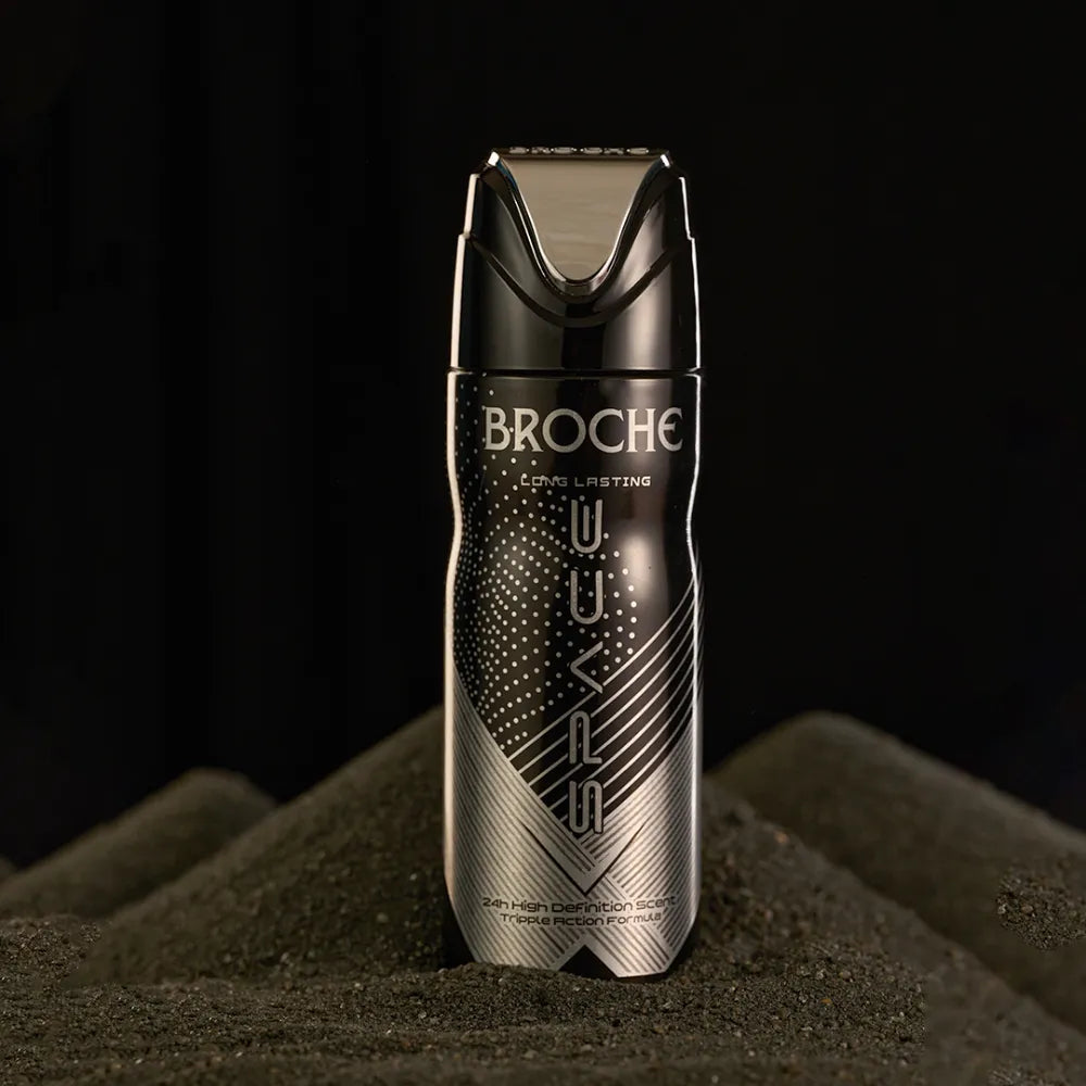 Broche Premium Body Spray Space in 200ml with Dark Background Looks Like a Space Setting, Placed on a Soil