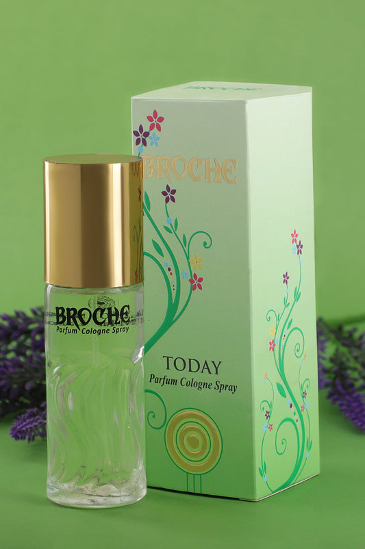 broche-today-perfume-60ml-bottle-and-packaging-with-flower-design-with-green-background-and-flowers