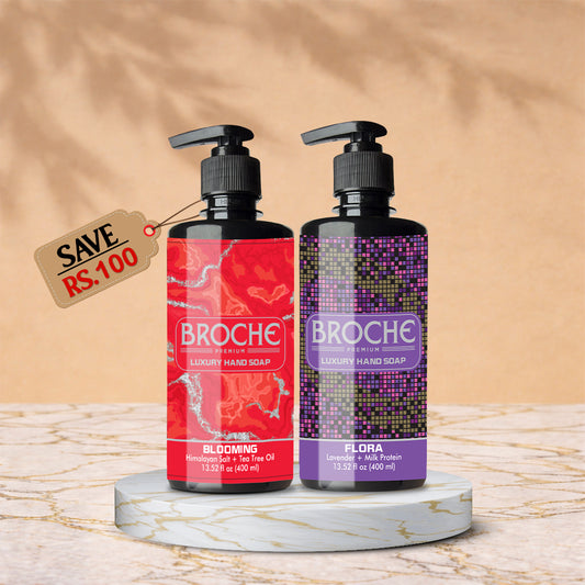 Floral Breeze Essentials bundle — featuring Broche Blooming & Flora Hand Washes (400ml each). 